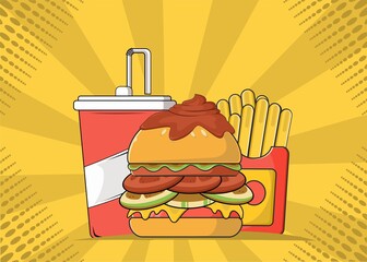 Hamburger, french fries and soda. fast food flat design vector illustration