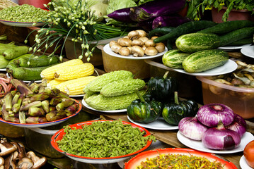Fresh vegetables available as ingredients at a local restaurant, Dali, Yunnan Province, China