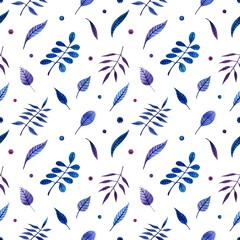 Watercolor seamless pattern with hand-drawn colored leaves, branches and dots. Perfect for textile, fabrics, wrapping paper, wallpaper, linens and cards.