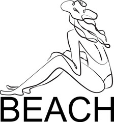 Continuous Line Drawing of Portrait of Woman with swimwear and beach hat. One Line Abstract. Minimalist drawing for Summer Holiday. Vector.