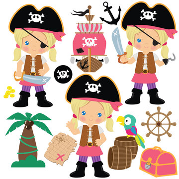 Cute Pirate Girl Vector Cartoon Illustration