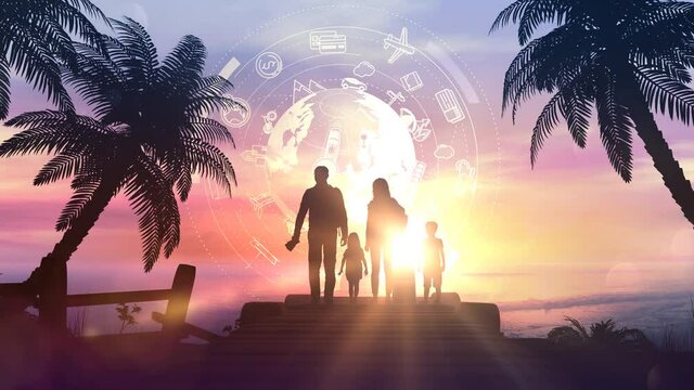 Family silhouettes on a tropical sunset background.