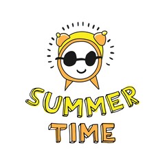 The inscription summer time with an alarm clock in black glasses.