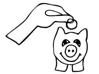 Black and white icon of a hand putting coins in a piggy Bank, concept of saving money, vector illustration