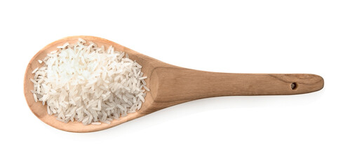 Fototapeta na wymiar rice in wooden spoon on white background