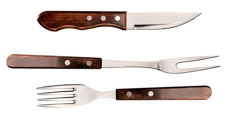 Steak fork and knife on a white background. - obrazy, fototapety, plakaty