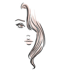 Vector illustration of a beautiful woman portrait. Logo style digitally hand drawn illustration. Girl with long wave hairstyle.