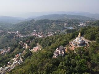 Aerial view of Mae Salong Village and the "Princess Mother Pagoda", a KMT Kuomintang Chinese village located in the mountain area at the Burmese border in Thailand's Chiang Rai Province. 
