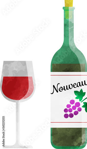 赤ワイン ワインボトルとワイングラス 透け感のある水彩風のおしゃれなイラスト Wall Mural Taeco
