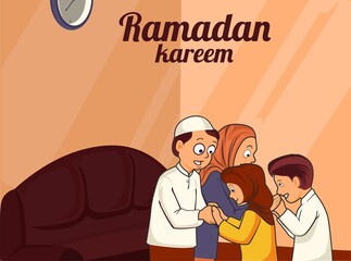 Happy eid mubarak, ramadan mubarak greeting concept with people character illustration