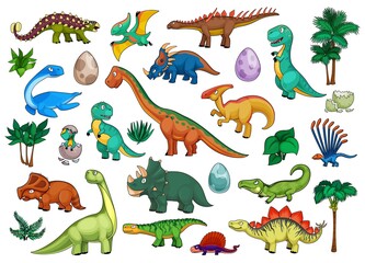 Dinosaurs cartoon set with cute dino animals, babies in eggs and palm trees. Funny triceratops, stegosaurus, brontosaurus, t-rex and tyrannosaurus, pterodactyl, ankylosaurus and brachiosaurus
