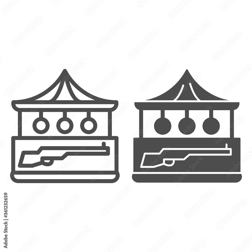 Poster shooting range line and solid icon, amusement park concept, small stall with rifle and targets sign 
