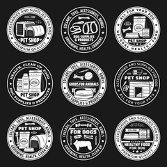 Obraz premium Pet shop isolated icons with vector dog food, animal care supplies and grooming accessories. Pet store badges of bowls, puppy toys, bones and balls, carriers, kennels and collars, leash and harness