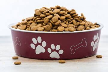 Dry dog and cat food in scratched red bowl.  Pile of kibblses.