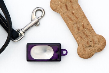 Concept of Dog training with clicker, dog treats and leash. Top view on wood. Dog Sport Accessories
