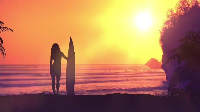 Surfer with a board on a sunset background.