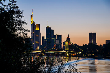 Naklejka premium Down and skyline twilight photographed in Frankfurt am Main, Germany. Picture made in 2009.