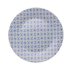 Top view of white empty plate on isolated, white background, with blue pattern