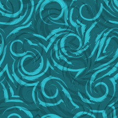 Double exposure vector seamless pattern of smooth waves and swirl of turquoise color. Watercolor brush strokes texture for fabric or packaging.Trend color Aqua menthe.