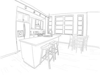 Hand drawn illustration. Modern kitchen with marble countertops and stainless steel appliances, in a city apartment, with windows and dark wood cabinets. Black and white.