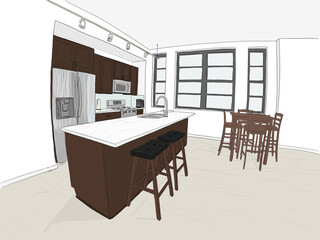 Hand drawn illustration. Modern kitchen with marble countertops and stainless steel appliances, in a city apartment, with windows and dark wood cabinets. 