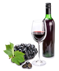 Glass of red wine and with bunches of grapes isolated on white background, Glass of wine and Wine bottle on white.