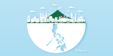 Philippines Travel postcard, poster, tour advertising of world famous landmarks. Vectors illustrations
