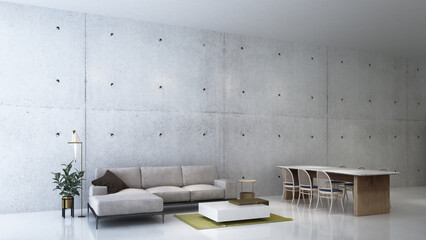 Beautiful living room and dining table  in modern home with double vanity, concrete wall, sofa, table, side table, and tile floor