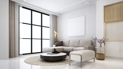 Beautiful minimal living room and dining table  in modern home with double vanity, white wall, sofa, table, side table, and tile floor