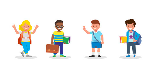 Happy kids going to school. Character vector design.
