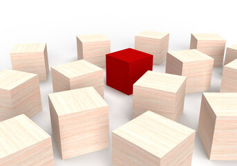 Wood block with red block in 3D rendering perspective on white background.