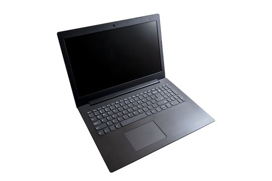 High Angle Shot Of An Opened Black Laptop In Front Of A White Background