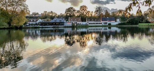 Panoramic shot of the Lake Genval located in Walloon Brabant, Belgium on a beautiful day