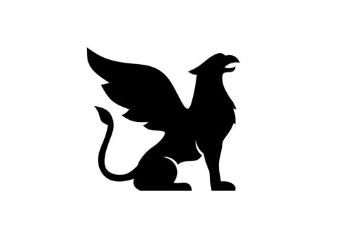silhouette of griffin with open beak and raised wing Logo vector