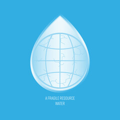 Earth line icon on water drop shape background, crack land symbol representing drought and as a gimmick of fragile water resource. Vector illustration outline flat design style.