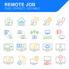 Remote job, home office, work from home. Vector icon set. Pictogram.