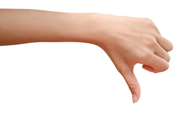 Hand showing thumbs down sign isolated on white background.