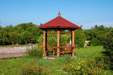 China, Heihe, July 2019: Chinese gazebo in a Park outside the city of Heihe in the summer