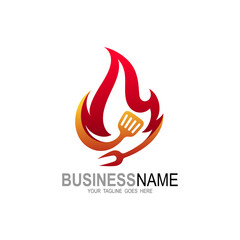 vintage grilled barbecue logo, retro BBQ vector, fire grill food and restaurant icon, Red  fire icon