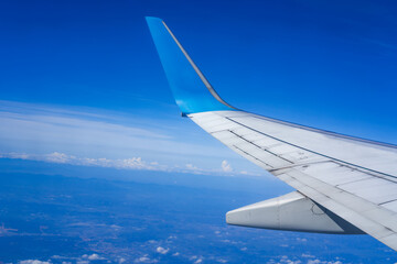 The plane is flying in the sky, the blue sky and white clouds outside the window	
