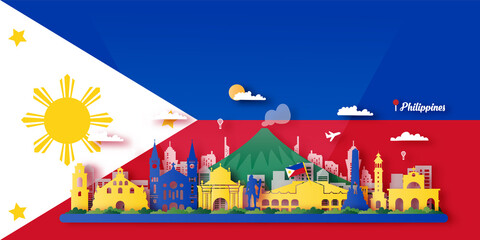 Philippines Travel postcard, poster, tour advertising of world famous landmarks. Vectors illustrations