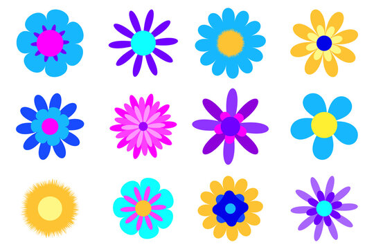 Stock Vector Graphics spring flowers. Graphic set of multi-colored flowers of different shapes. Stock Photo.
