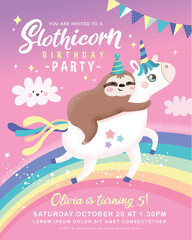 Kids birthday party invitation card with cute sloth and unicorn