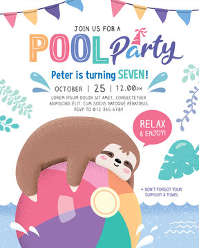 Kids Birthday/ Pool Party Invitation Cards With A Cute Sloth Relaxing On A Beach Ball