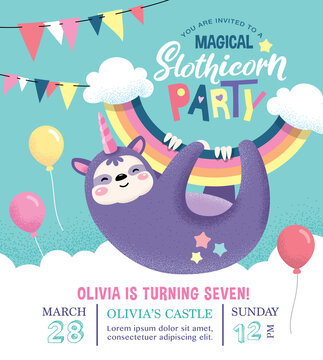 Kids birthday party invitation card with a cute sloth hanging on a rainbow