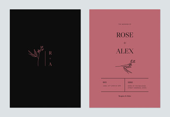 Minimalist floral wedding invitation card template design, floral line art ink drawing on dark grey and pink