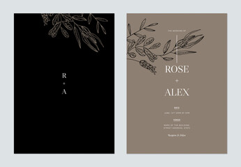 Minimalist floral wedding invitation card template design, floral line art ink drawing on black and brown