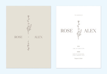 Minimalist floral wedding invitation card template design, floral line art ink drawing on bright brown and white