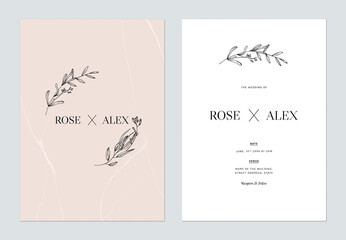 Minimalist floral wedding invitation card template design, floral line art ink drawing on bright orange and white