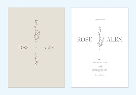 Minimalist floral wedding invitation card template design, floral line art ink drawing on bright brown and white